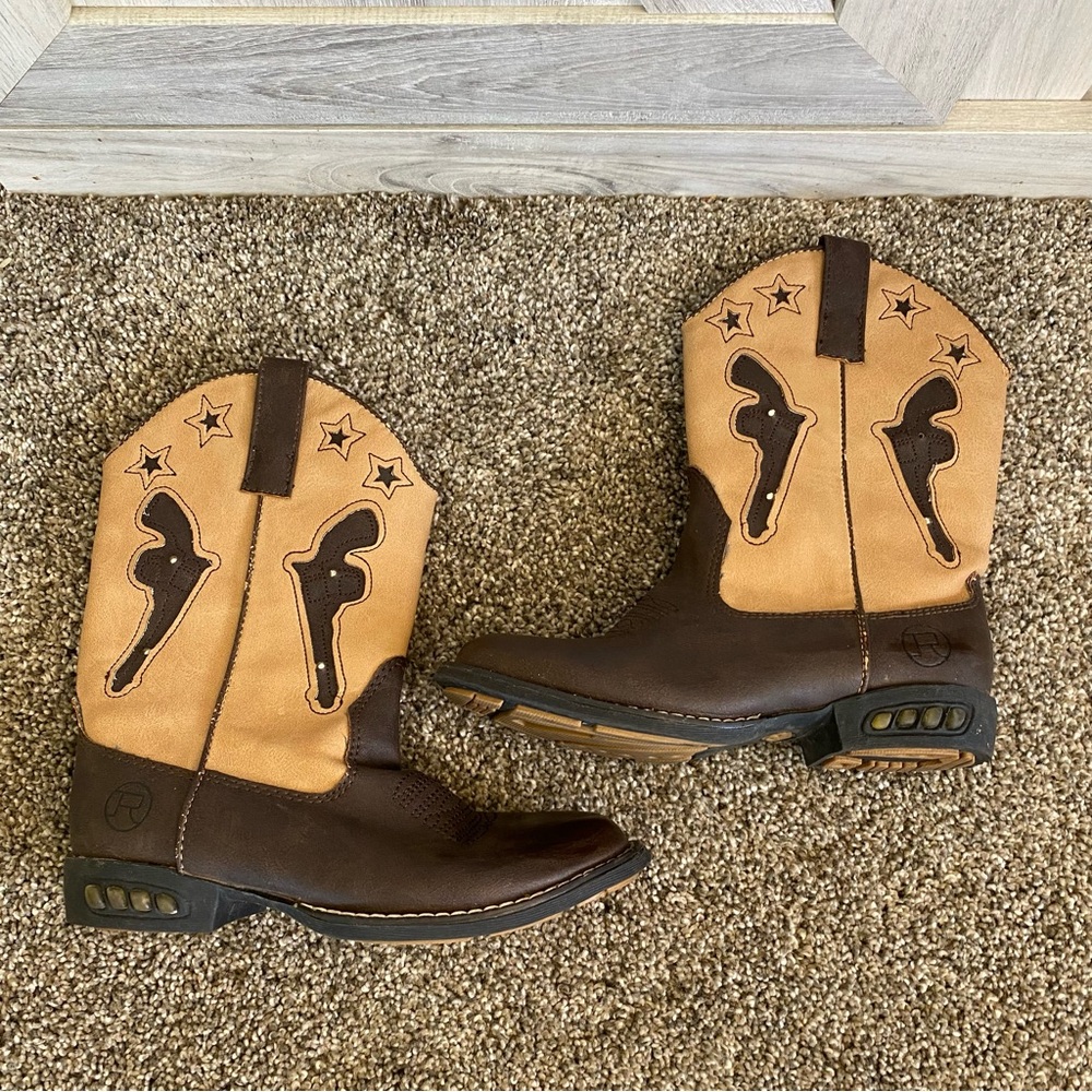 Roper Leather Cowboy Boots Kids 12 Guns & Rhine Pointed Toe Cowgirl